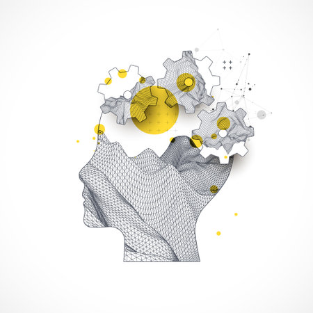 Topography in the contour. The human head is made in the style of a frame with gears. Vector art.のイラスト素材