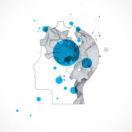 Topography in the contour. The human head is made in the style of a frame with gears. Vector art.のイラスト素材