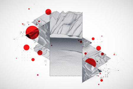 Scientific and technical image of the mountains. Abstract wireframe surface background inside a...