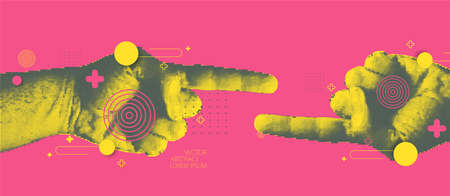 Hand pointing sign. Direction pointer. Halftone vector.