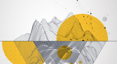 Scientific and technical image of the mountains. Abstract wireframe surface background inside a triangle.のイラスト素材