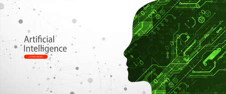 Artificial Intelligence. Technical background with a silhouette of a man. Big data concept. Machine cyber mind.のイラスト素材