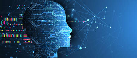 Artificial Intelligence. Technical background with a silhouette of a man. Big data concept. Machine...