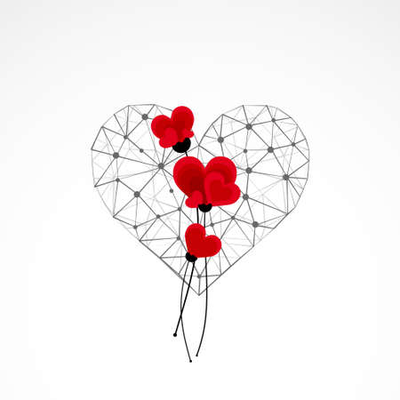Abstract heart with flowers. Technical wireframe style.のイラスト素材