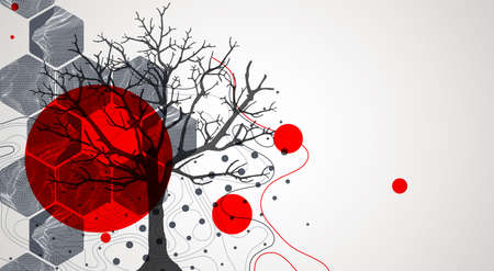 Art concept. Abstract mountains forms with Silhouette of a tree.のイラスト素材
