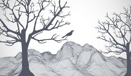 Abstract wireframe mountains with a tree and a bird on it in the foreground.のイラスト素材