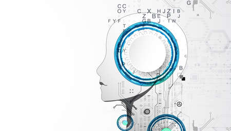 Artificial Intelligence. Technical background with a silhouette of a man. Big data concept. Machine...