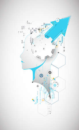 Artificial Intelligence. Technical background with a silhouette of a man. Big data concept. Machine cyber mind.のイラスト素材