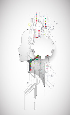 Artificial Intelligence. Technical background with a silhouette of a man. Big data concept. Machine cyber mind.のイラスト素材