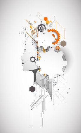 Artificial Intelligence. Technical background with a silhouette of a man. Big data concept. Machine cyber mind.のイラスト素材