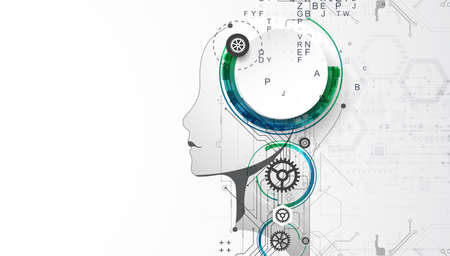 Artificial Intelligence. Technical background with a silhouette of a man. Big data concept. Machine cyber mind.のイラスト素材