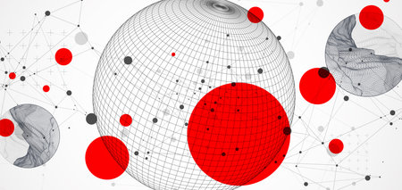 Sphere  theme with connected lines in technology style background. Wireframe illustration. Abstract 3d grid design.のイラスト素材