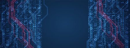 Abstract background on technological and scientific topics. Various techno details with using digital code. Vector format.のイラスト素材