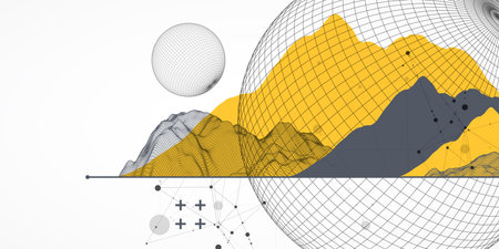 Sphere  theme with connected lines in technology style background. Wireframe illustration. Abstract 3d grid design.のイラスト素材