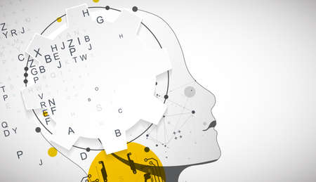 Artificial Intelligence. Technical background with a silhouette of a man. Big data concept. Machine...