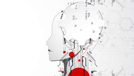 Artificial Intelligence. Technical background with a silhouette of a man. Big data concept. Machine...
