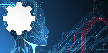 Artificial Intelligence. Technical background with a silhouette of a man. Big data concept. Machine...