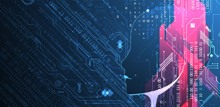 Artificial Intelligence. Technical background with a silhouette of a man. Big data concept. Machine cyber mind.のイラスト素材