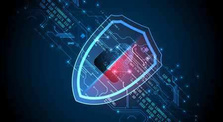 Technological abstract background on the topic of information protection and computer security. 
Shield with the image of a padlock in the middle.のイラスト素材