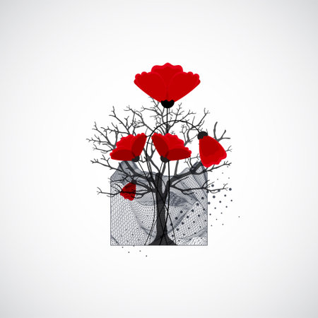 Art concept. Abstract mountains forms with Silhouette of a tree and red poppy flowers.のイラスト素材