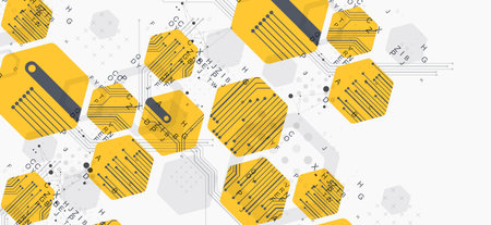 Abstract yellow hexagon futuristic background for design works. Science and technology.のイラスト素材