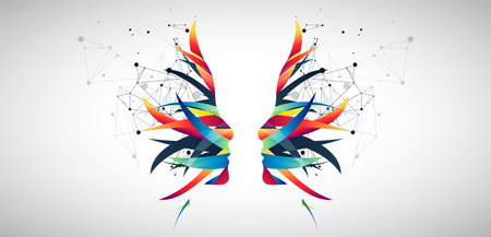 The silhouette of the human head is made with the help of colored waves and plexus effect.のイラスト素材