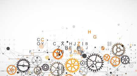 Abstract  technological background  with letters, cogwheels and plexus effect. Vectorのイラスト素材