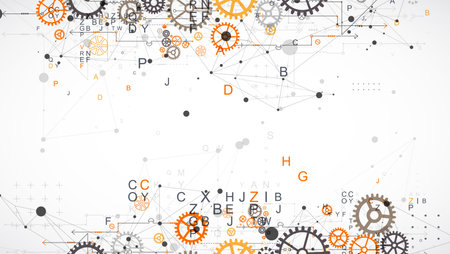 Abstract  technological background  with letters, cogwheels and plexus effect. Vectorのイラスト素材
