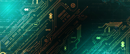 Abstract background on technological and scientific topics. Various techno details with using digital code. Vector format.のイラスト素材