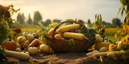 Basket of harvested vegetables.  Generated by artificial intelligence.の素材