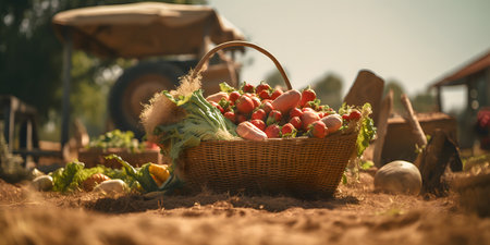 Basket of harvested vegetables.  Generated by artificial intelligence.の素材