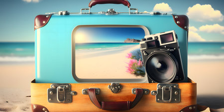 Summertime holiday. Suitcase on beach.  Generated by artificial intelligence.の素材