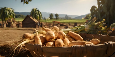 Basket of harvested vegetables.  Generated by artificial intelligence.の素材