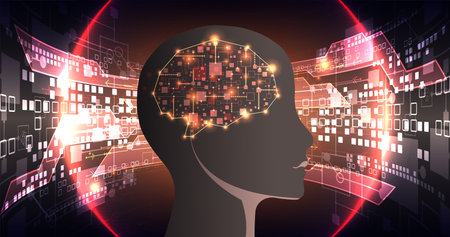 Artificial Intelligence. Technical background with a silhouette of a man. Big data concept. Machine cyber mind. Vectorのイラスト素材
