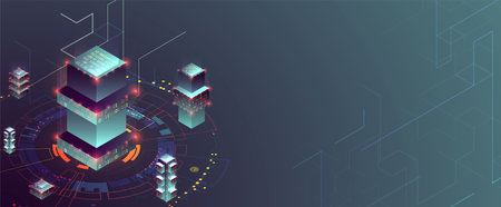 Smart city. Isometric big data concept, database.  Abstract technology background. Vector...