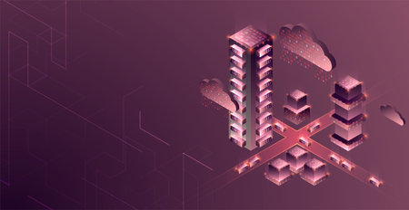 Smart city. Isometric big data concept, database.  Abstract technology background. Vector illustrationのイラスト素材