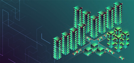 Smart city. Isometric big data concept, database.  Abstract technology background. Vector illustrationのイラスト素材