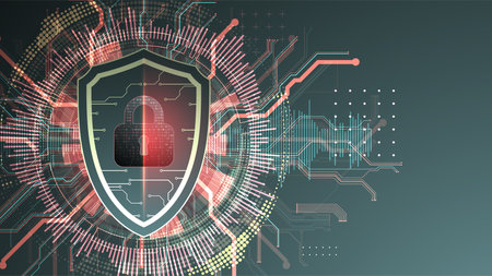 Technological abstract background on the topic of information protection and computer security. 
Shield with the image of a padlock in the middle. Vectorのイラスト素材