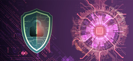 Technological abstract background on the topic of information protection and computer security. 
Shield with the image of a padlock in the middle. Vectorのイラスト素材