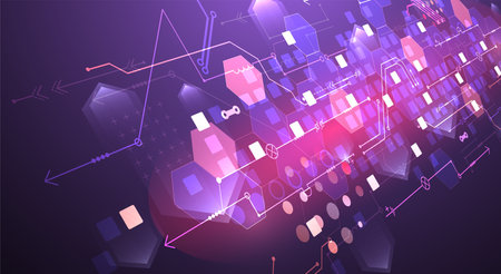 Abstract circuit board and hexagons on gradient color background. Hi-tech digital technology concept. Vectorのイラスト素材