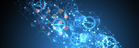 Gear wheel technology pattern on blue gradient background. Hand drawn vector.