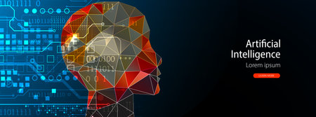 AI, Artificial intelligence. Robotics concept. Human face made from polygon. Hand drawn vector illustration.のイラスト素材