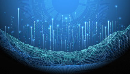 Big Data. Abstract digital futuristic wireframe vector illustration on technology background. Data mining and management concept. Hand drawn art.のイラスト素材