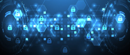 Technological background with isometric ornament. Digital security, information protection. Lock icons in the middle of the hexagon.のイラスト素材