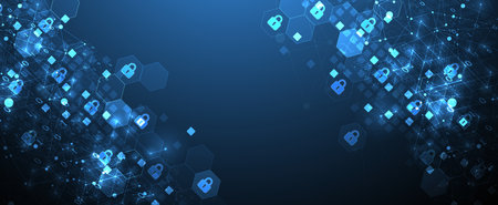 Technological background with isometric ornament. Digital security, information protection. Lock icons in the middle of the hexagon.のイラスト素材