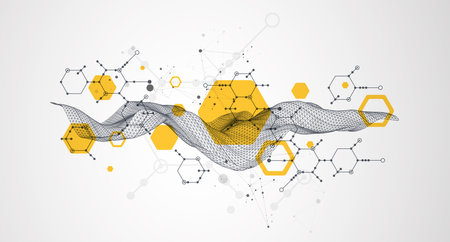 Scientific and technological background. Wireframe wave with hexagons of different types on a gray gradient.のイラスト素材