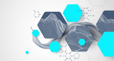 Scientific and technological background. Wireframe wave with hexagons of different types on a gray gradient.のイラスト素材
