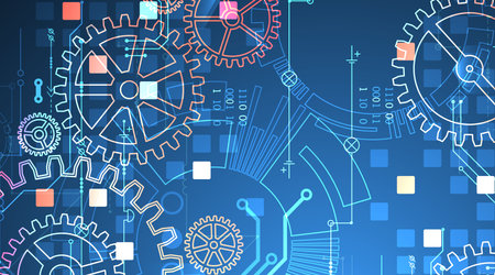 Gear wheel technology pattern on gradient background. Hand drawn vector.のイラスト素材