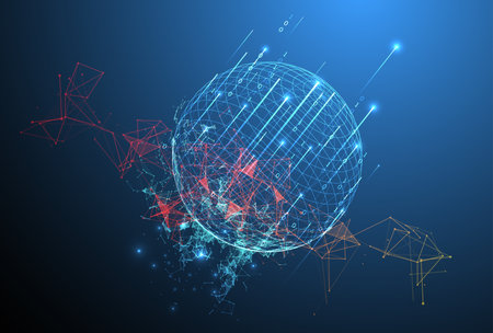 Big data numeric Sphere  theme with connected lines in technology style background.  Abstract 3d grid design.のイラスト素材