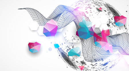 The abstract wave is made in a frame style with sphere. Template for science or technology presentation. Hand drawn vector art.のイラスト素材